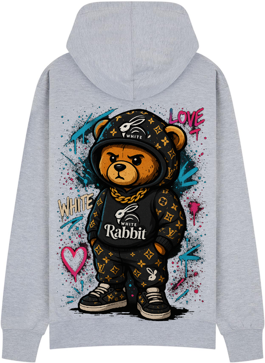 White Rabbit Graffiti Bear Hoodie – Statement Streetwear Grey
