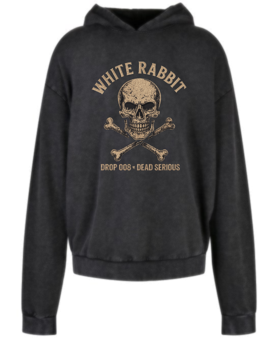 White Rabbit – Drop 008 “Dead Serious” Skull & Cross Bones Acid-Wash Hoodie (Washed Black)