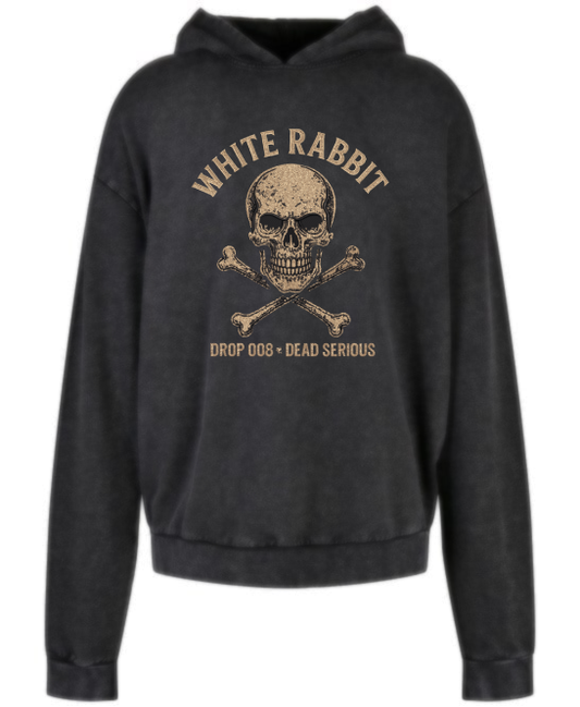 White Rabbit – Drop 008 “Dead Serious” Skull & Cross Bones Acid-Wash Hoodie (Washed Black)