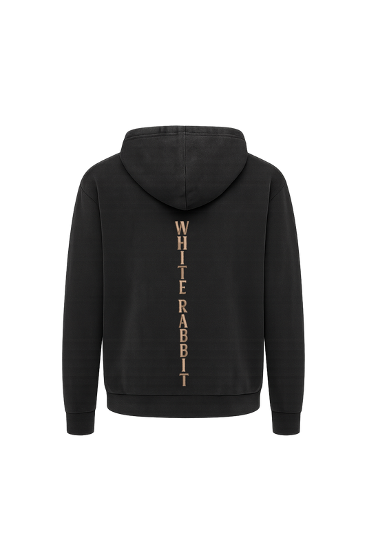 White Rabbit – Drop 008 “Dead Serious” Skull & Cross Bones Acid-Wash Hoodie (Washed Black)