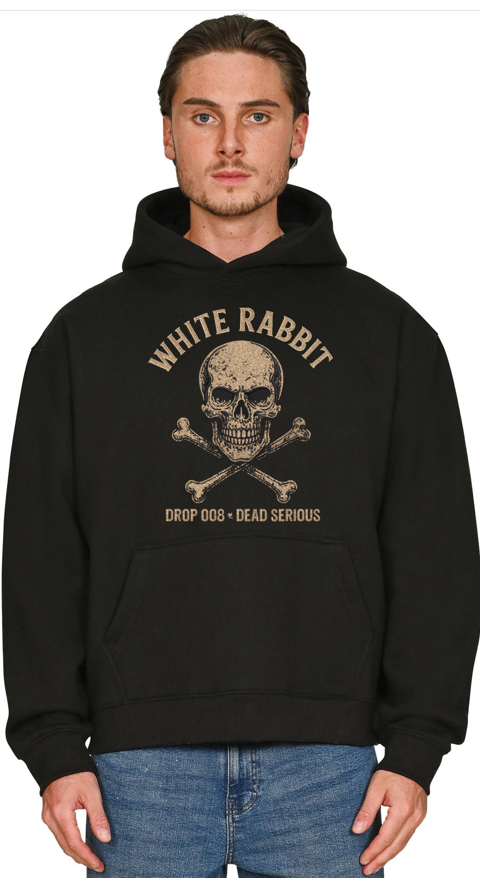 White Rabbit “Drop 008 – Dead Serious” Skull & Cross Bones Oversized Hoodie Heavyweight