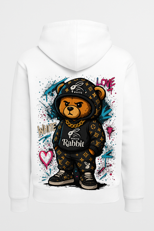 White Rabbit Graffiti Bear Hoodie – Statement Streetwear White