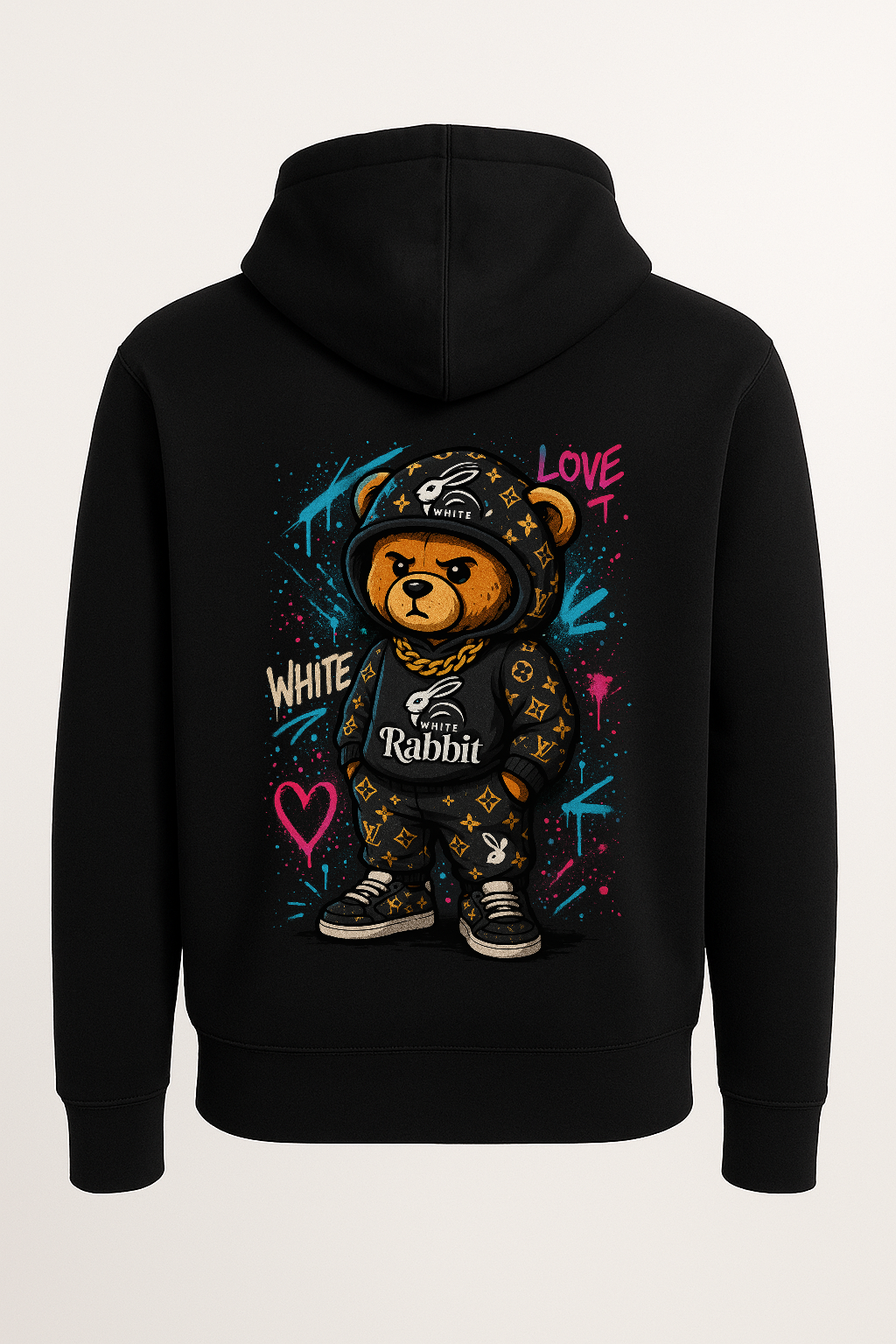 White Rabbit Graffiti Bear Hoodie – Statement Streetwear Lilac