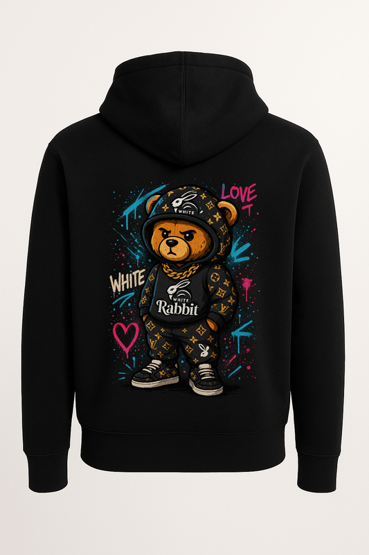 White Rabbit Graffiti Bear Hoodie – Statement Streetwear Black
