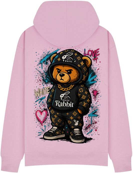 White Rabbit Graffiti Bear Hoodie – Statement Streetwear Pink