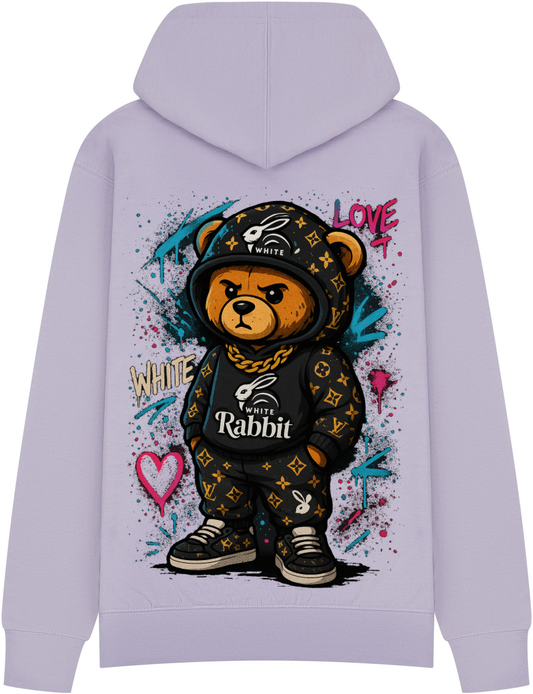 White Rabbit Graffiti Bear Hoodie – Statement Streetwear Lilac