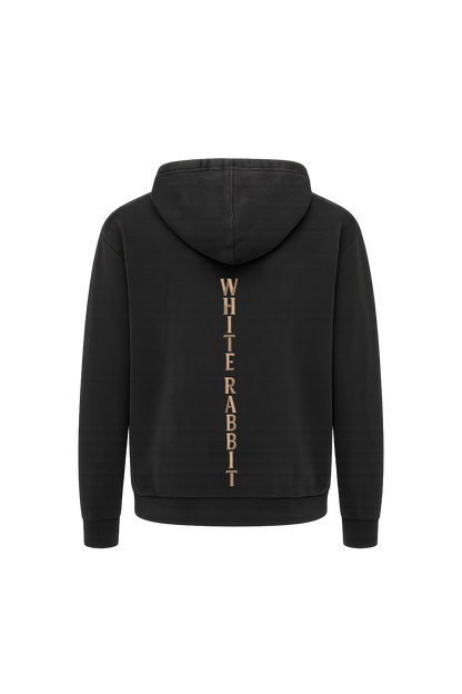 White Rabbit – Drop 008 “Dead Serious” Skull & Cross Bones Acid-Wash Hoodie (Washed Black)